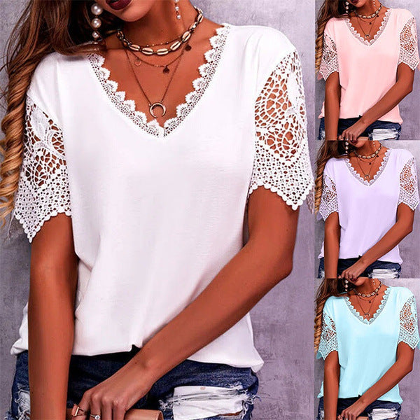 Women Summer Loose V Neck Lace tops