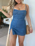 Women's Square Neck Suspender Split Denim Dress