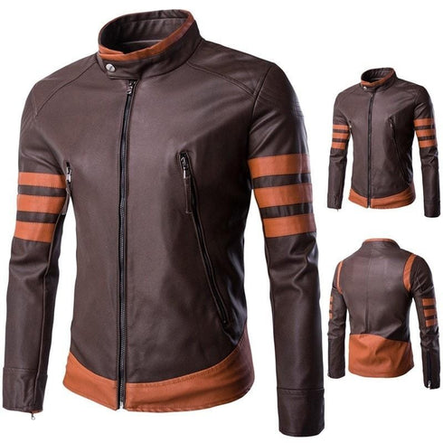 Men's Coffee Colour Leather Jacket with Brown strips