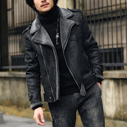 New Men's Jacket Lamb Skin Leather Motorbike Leather Coat Winter Padded Coat