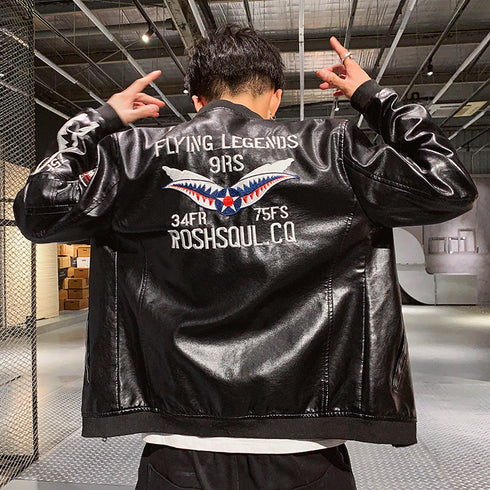 Men's Motorcycle Embroidered Leather Jacket