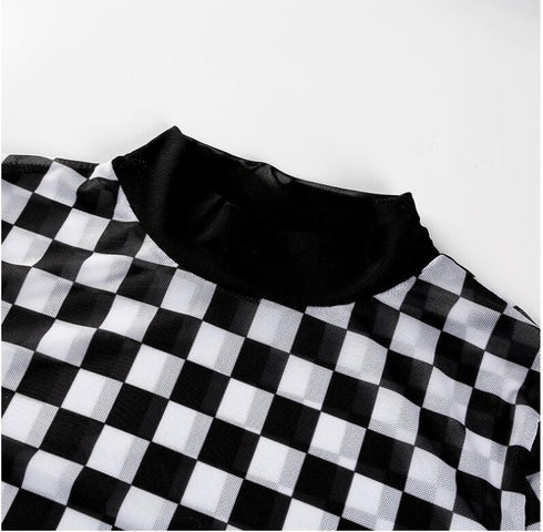 Women's mesh checkerboard perspective long-sleeved shirt