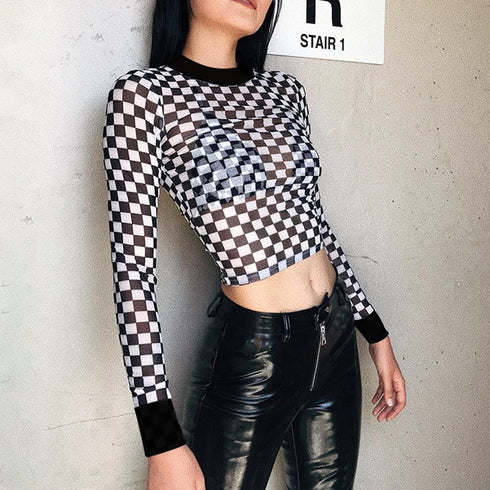 Women's mesh checkerboard perspective long-sleeved shirt
