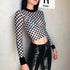 Women's mesh checkerboard perspective long-sleeved shirt