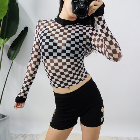 Women's mesh checkerboard perspective long-sleeved shirt