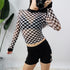 Women's mesh checkerboard perspective long-sleeved shirt