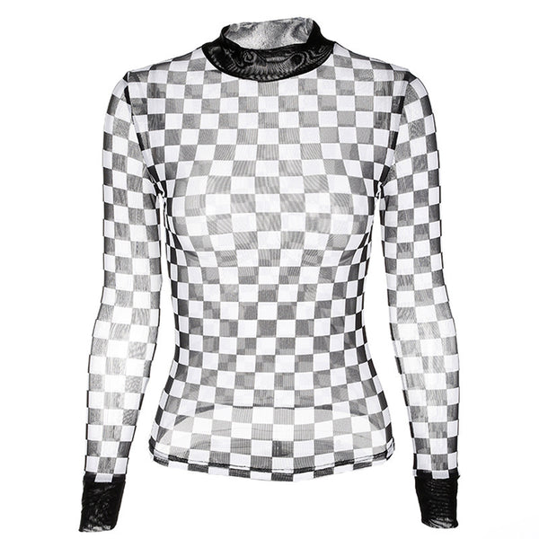 Women's mesh checkerboard perspective long-sleeved shirt