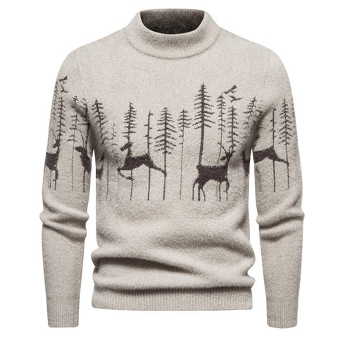 Men's Warm Deer Printed Round Neck Sweater