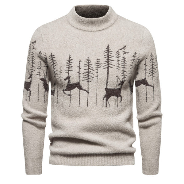 Men's Warm Deer Printed Round Neck Sweater