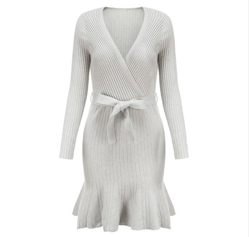 Women V Neck Knitted Long Sleeve Dresses