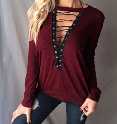 Women Lace up Tops Bandage Long Sleeve V Neck Shirt