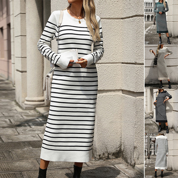 Slim Striped Printed Long Dress For Women's Clothing