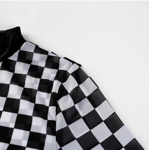 Women's mesh checkerboard perspective long-sleeved shirt