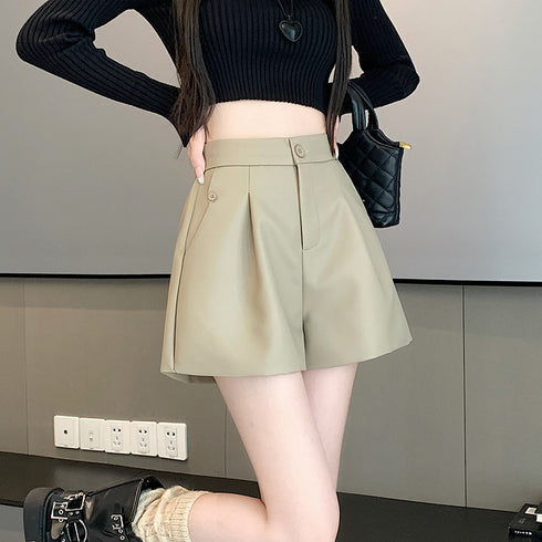 High Waist Brown Wide-leg Leather Pants