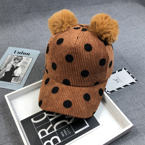 Double Ball Rabbit Fur Corduroy Peaked Hat