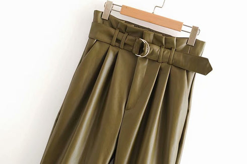 Ladies high waist lace leather pants