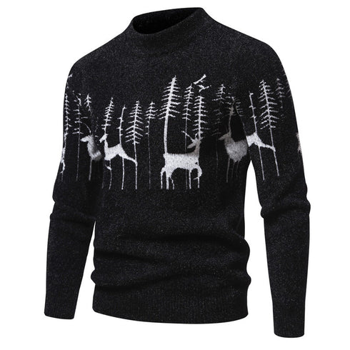 Men's Warm Deer Printed Round Neck Sweater