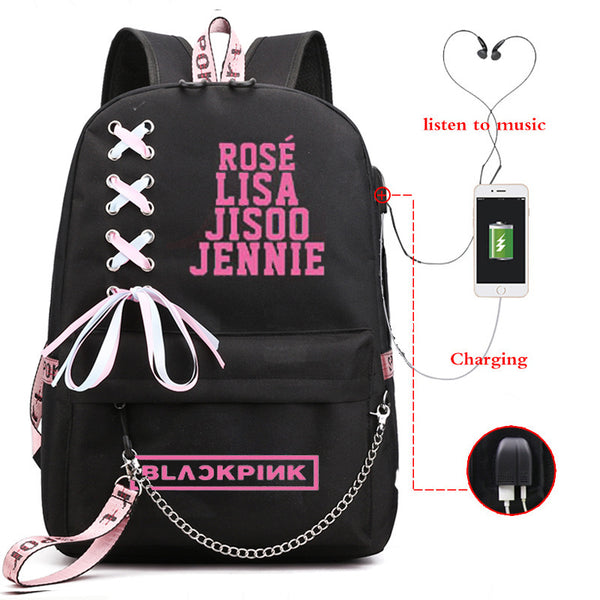 Black-pink USB Charging Student Backpack