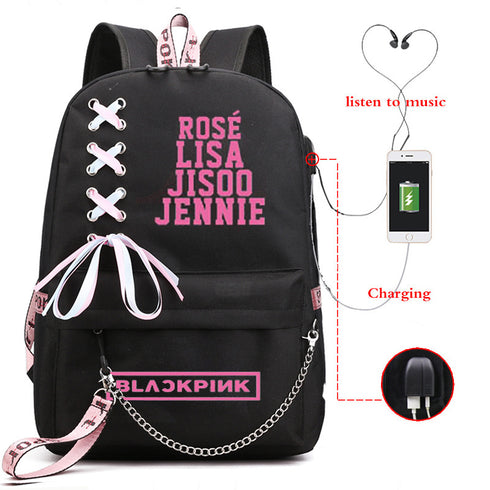 Black-pink USB Charging Student Backpack
