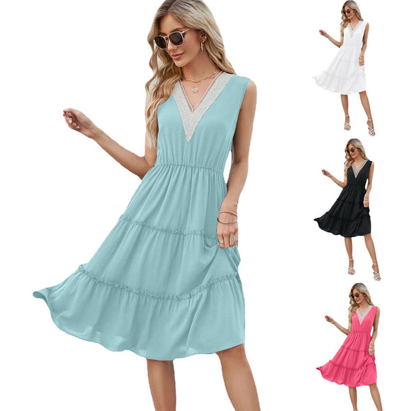 Women Sleeveless Pleated Ruffle Elegant Dress