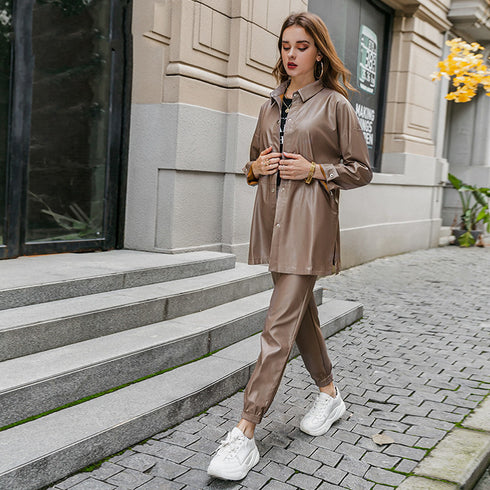 Two-piece Leather Pant and Jacket Set