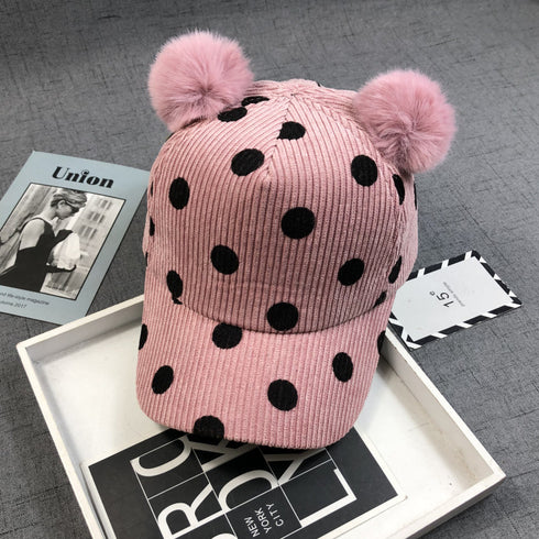Double Ball Rabbit Fur Corduroy Peaked Hat