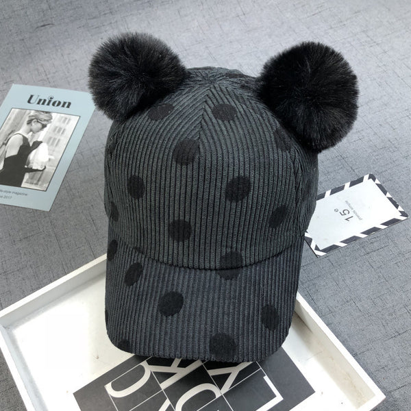 Double Ball Rabbit Fur Corduroy Peaked Hat