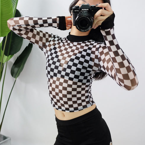 Women's mesh checkerboard perspective long-sleeved shirt