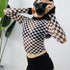 Women's mesh checkerboard perspective long-sleeved shirt