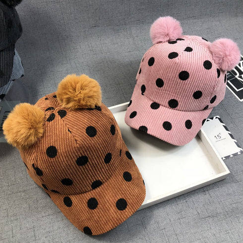 Double Ball Rabbit Fur Corduroy Peaked Hat