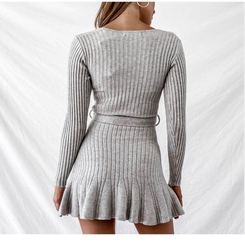 Women V Neck Knitted Long Sleeve Dresses