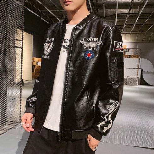 Men's Motorcycle Embroidered Leather Jacket