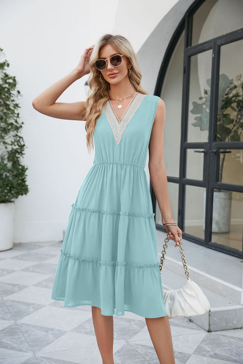 Women Sleeveless Pleated Ruffle Elegant Dress
