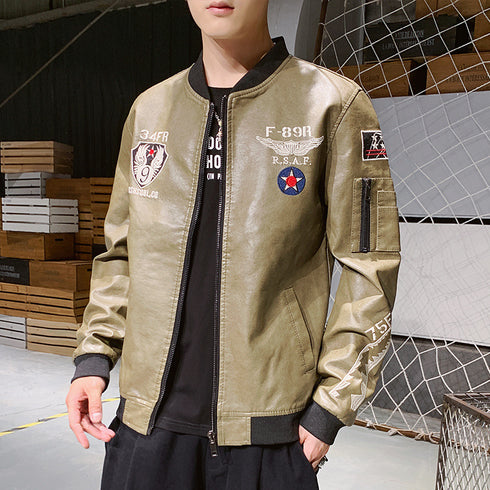 Men's Motorcycle Embroidered Leather Jacket