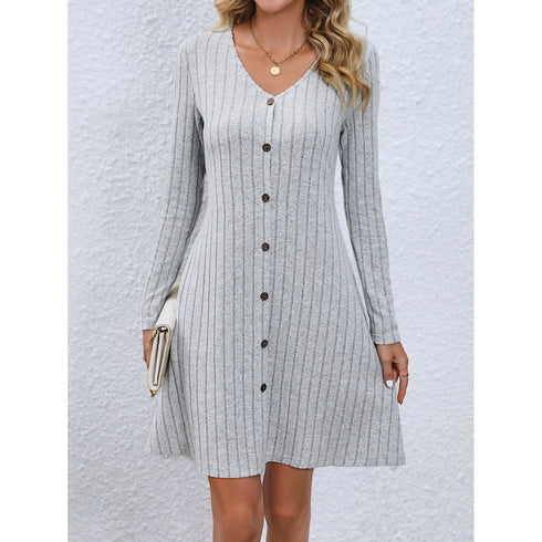 V-neck Long Sleeves Button Waist Dress