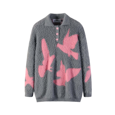 Carrier Pigeon Jacquard Furry Lapel Sweater