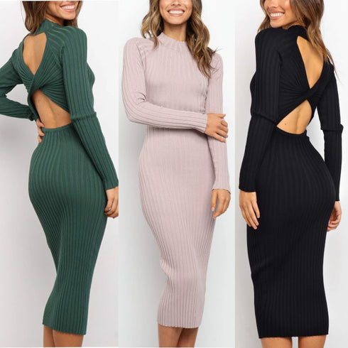 Women's Suits Sweater Backless Bow Tight Dresses