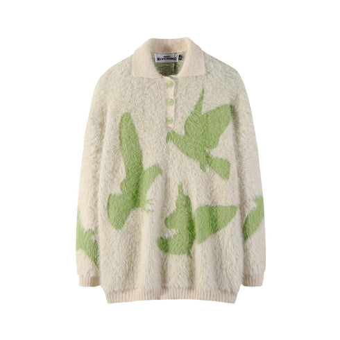 Carrier Pigeon Jacquard Furry Lapel Sweater