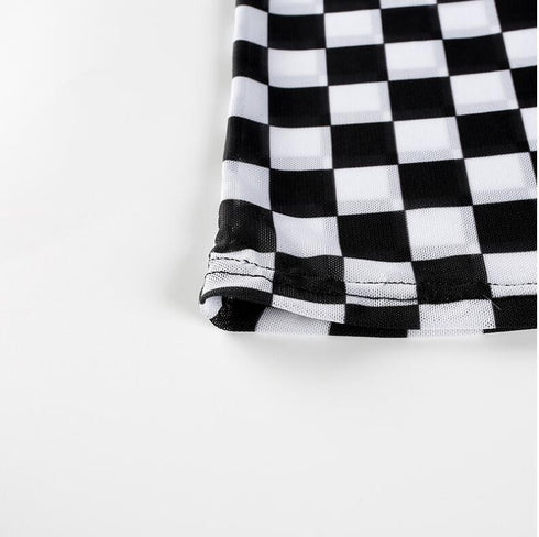 Women's mesh checkerboard perspective long-sleeved shirt