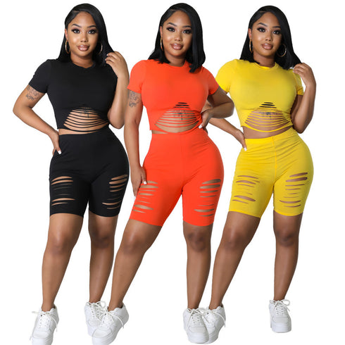 Women's Skinny Ripped Short Sleeve Tracksuit