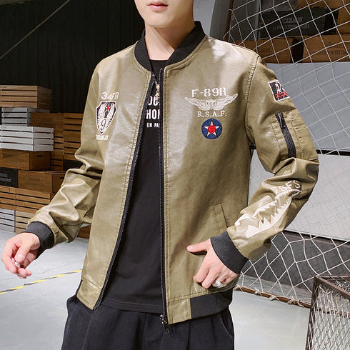 Men's Motorcycle Embroidered Leather Jacket