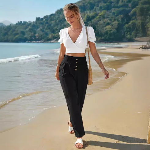 Women's Casual High Waist Cotton Trousers