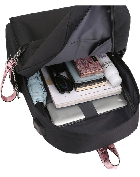 Black-pink USB Charging Student Backpack