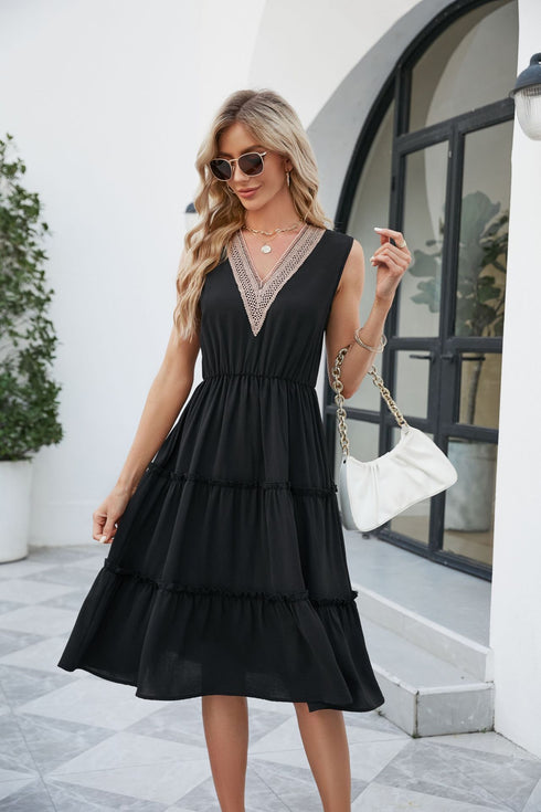 Women Sleeveless Pleated Ruffle Elegant Dress