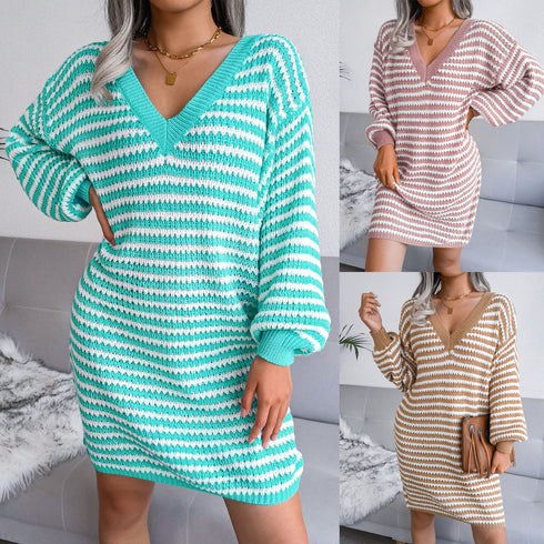 Women's Long Sleeve Striped Sweater Dress