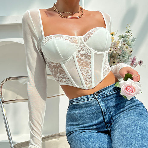 Women's Lace Mesh Fishbone Slim Fit Top