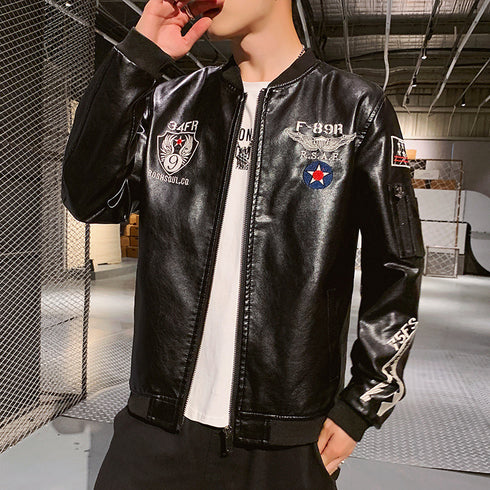 Men's Motorcycle Embroidered Leather Jacket