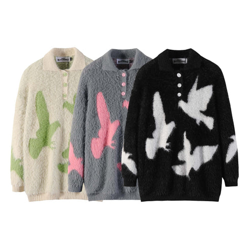 Carrier Pigeon Jacquard Furry Lapel Sweater