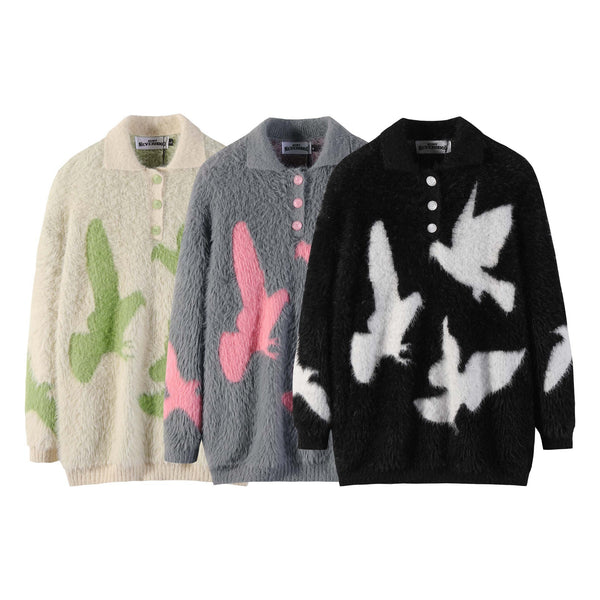 Carrier Pigeon Jacquard Furry Lapel Sweater