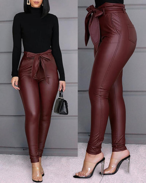 Bow-tie casual leather pants
